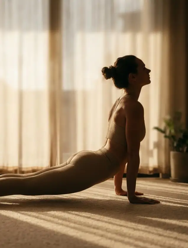 Resident stretching in a sunlit room